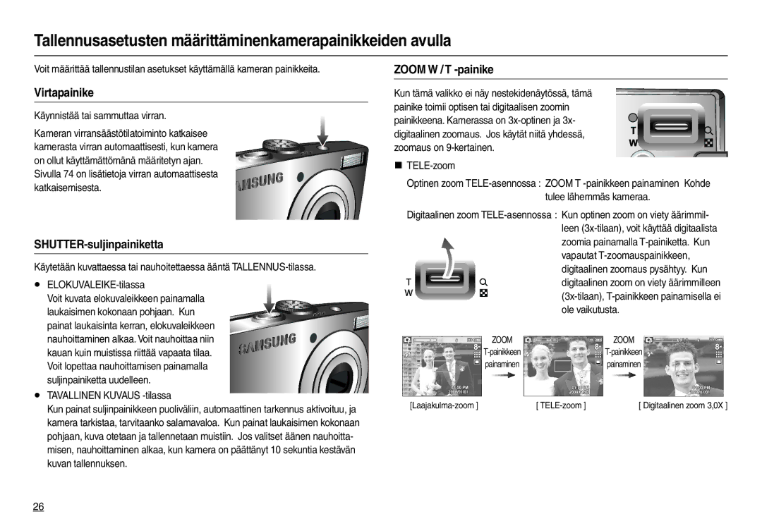 Samsung EC-L100ZBDA/E3 Tallennusasetusten määrittäminenkamerapainikkeiden avulla, Virtapainike, SHUTTER-suljinpainiketta 