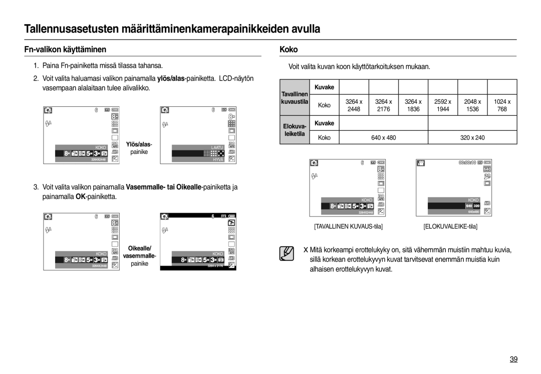 Samsung EC-L100ZBDA/E3, EC-L100ZUDA/E3, EC-L100ZUBA/E2 Fn-valikon käyttäminen Koko, Elokuva- Kuvake Leiketila Koko, 320 x 