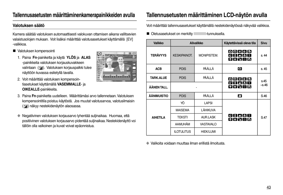 Samsung EC-L100ZRDA/E3 manual Valotuksen säätö, „ Oletusasetukset on merkitty -tunnuksella, „ Valotuksen kompensointi 