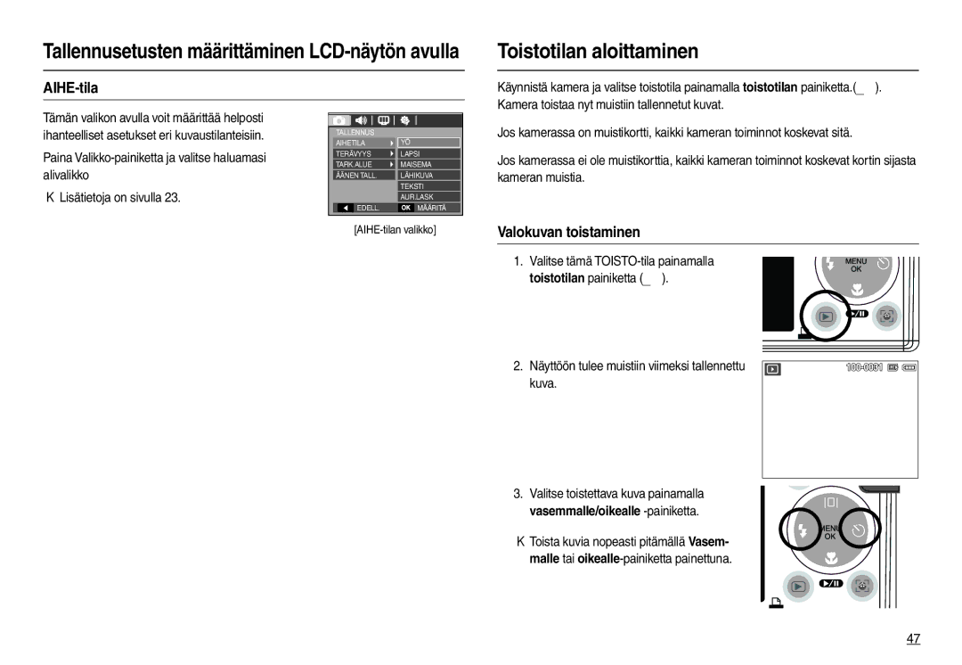 Samsung EC-L100ZBBA/E2, EC-L100ZUDA/E3, EC-L100ZBDA/E3 manual Toistotilan aloittaminen, AIHE-tila, Valokuvan toistaminen 