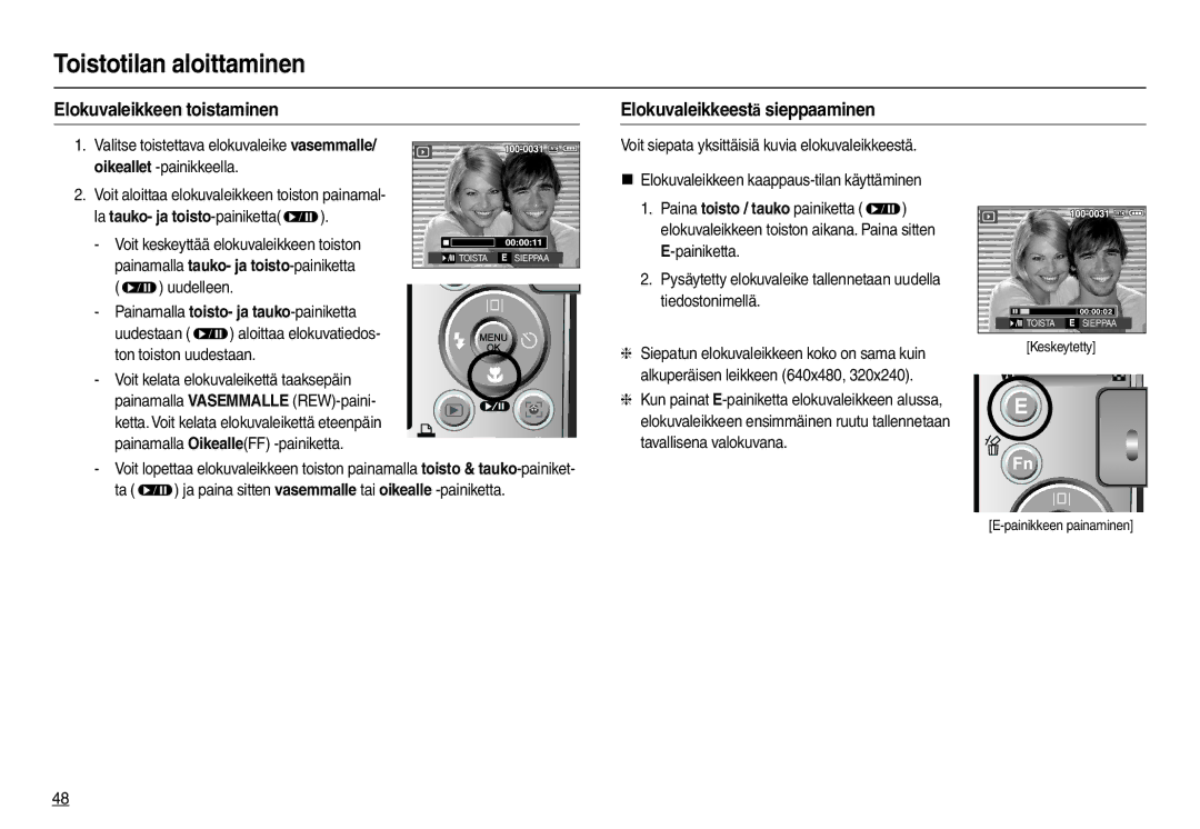 Samsung EC-L100ZSFA/E2, EC-L100ZUDA/E3 manual Elokuvaleikkeen toistaminen Elokuvaleikkeestä sieppaaminen, Keskeytetty 