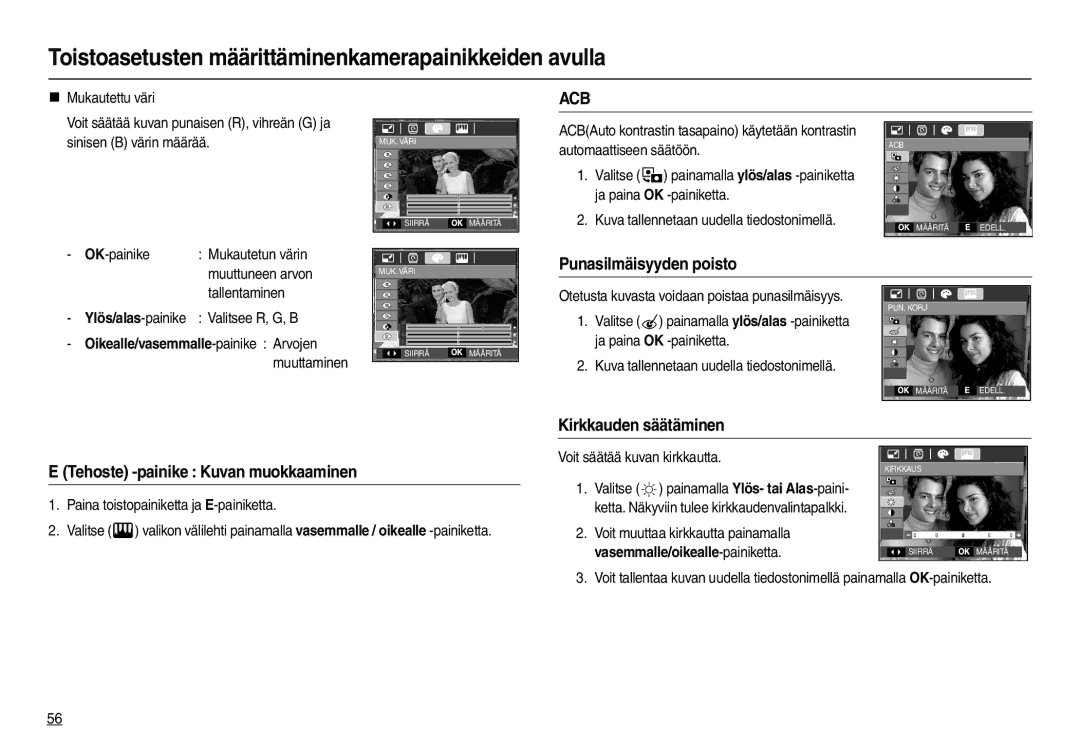 Samsung EC-L100ZRDA/E3, EC-L100ZUDA/E3 Punasilmäisyyden poisto, Kirkkauden säätäminen, Tehoste -painike Kuvan muokkaaminen 