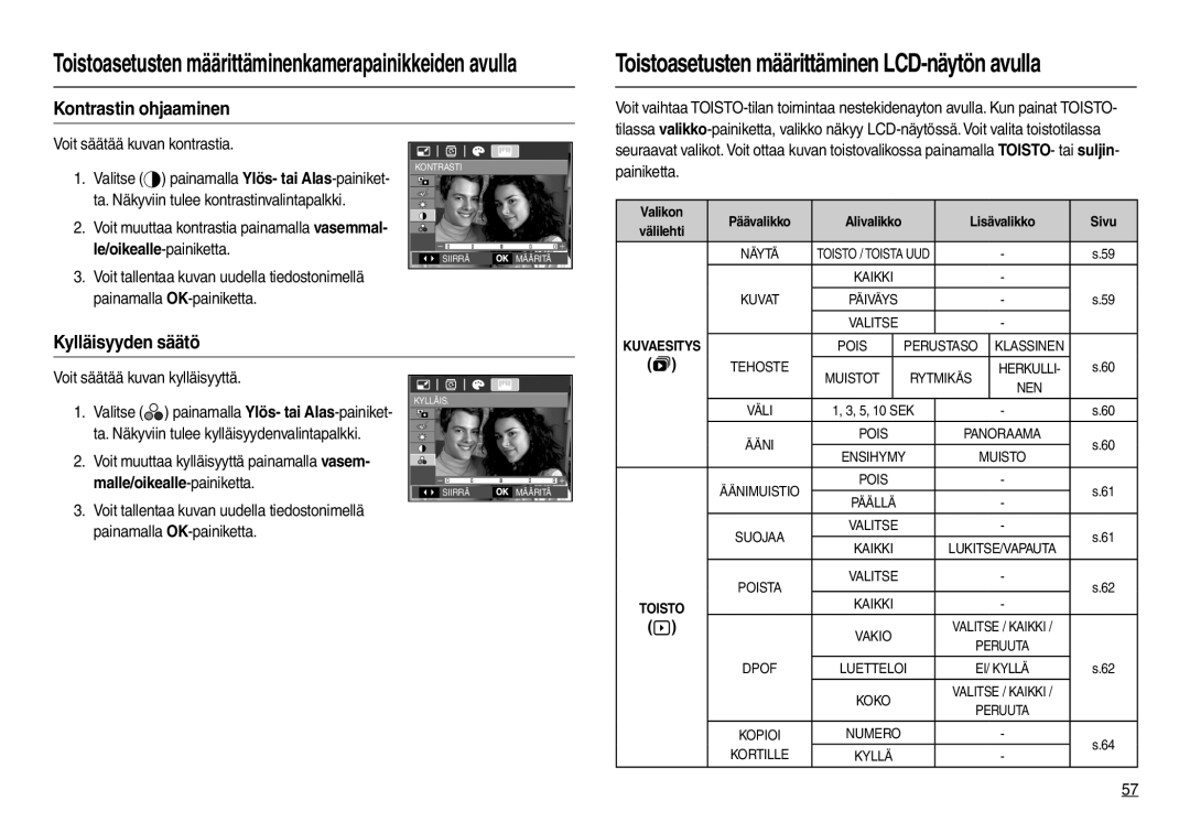 Samsung EC-L100ZRBA/E2, EC-L100ZUDA/E3 manual Kontrastin ohjaaminen, Kylläisyyden säätö, Voit säätää kuvan kontrastia 