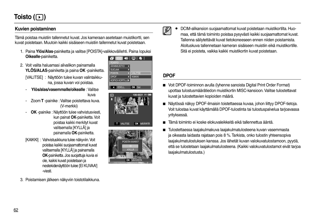 Samsung EC-L100ZRFA/E2, EC-L100ZUDA/E3, EC-L100ZBDA/E3 manual Kuvien poistaminen, Ylös/alas/vasemmalle/oikealle Valitse 