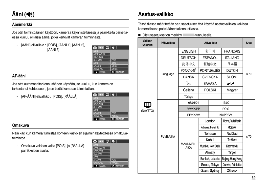 Samsung EC-L100ZRDA/E3 manual Asetus-valikko, Äänimerkki, AF-ääni, Omakuva, „ Oletusasetukset on merkitty Tunnuksella 