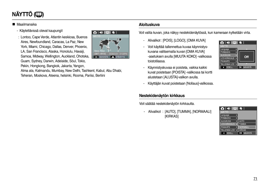 Samsung EC-L100ZPDA/E3 manual Aloituskuva, Nestekidenäytön kirkkaus, „ Maailmanaika Käytettävissä olevat kaupungit 