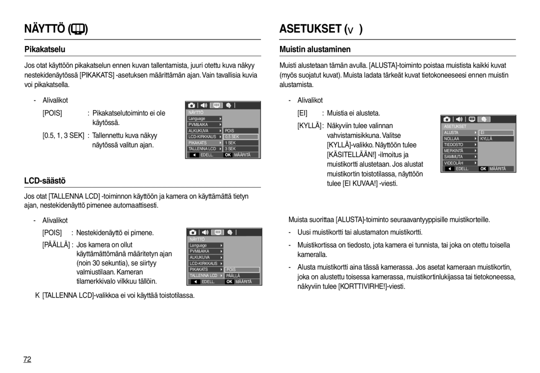 Samsung EC-L100ZPBA/E2, EC-L100ZUDA/E3, EC-L100ZBDA/E3 manual Pikakatselu, Muistin alustaminen, LCD-säästö, Käytössä 