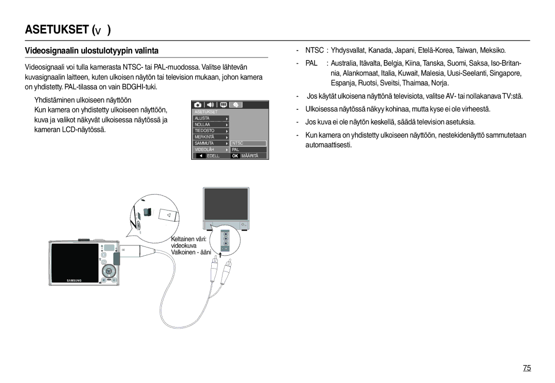 Samsung EC-L100ZRFA/E2, EC-L100ZUDA/E3 manual Videosignaalin ulostulotyypin valinta, „ Yhdistäminen ulkoiseen näyttöön 