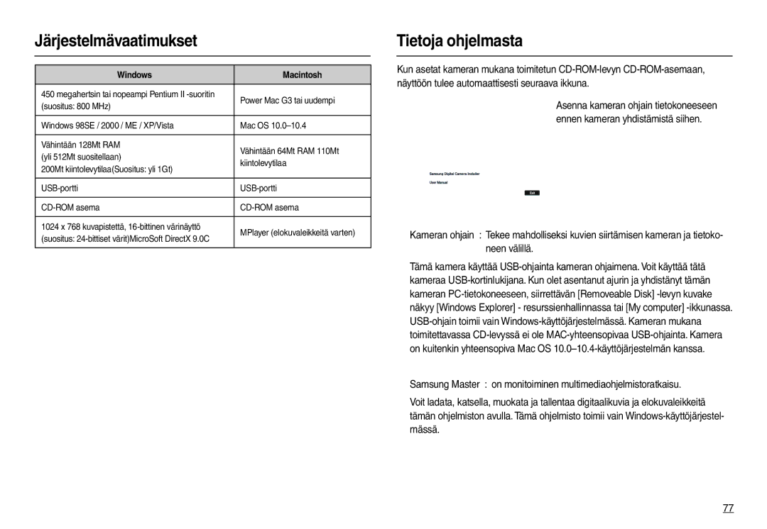 Samsung EC-L100ZUDA/E3, EC-L100ZBDA/E3, EC-L100ZUBA/E2 manual Järjestelmävaatimukset, Tietoja ohjelmasta, Windows Macintosh 