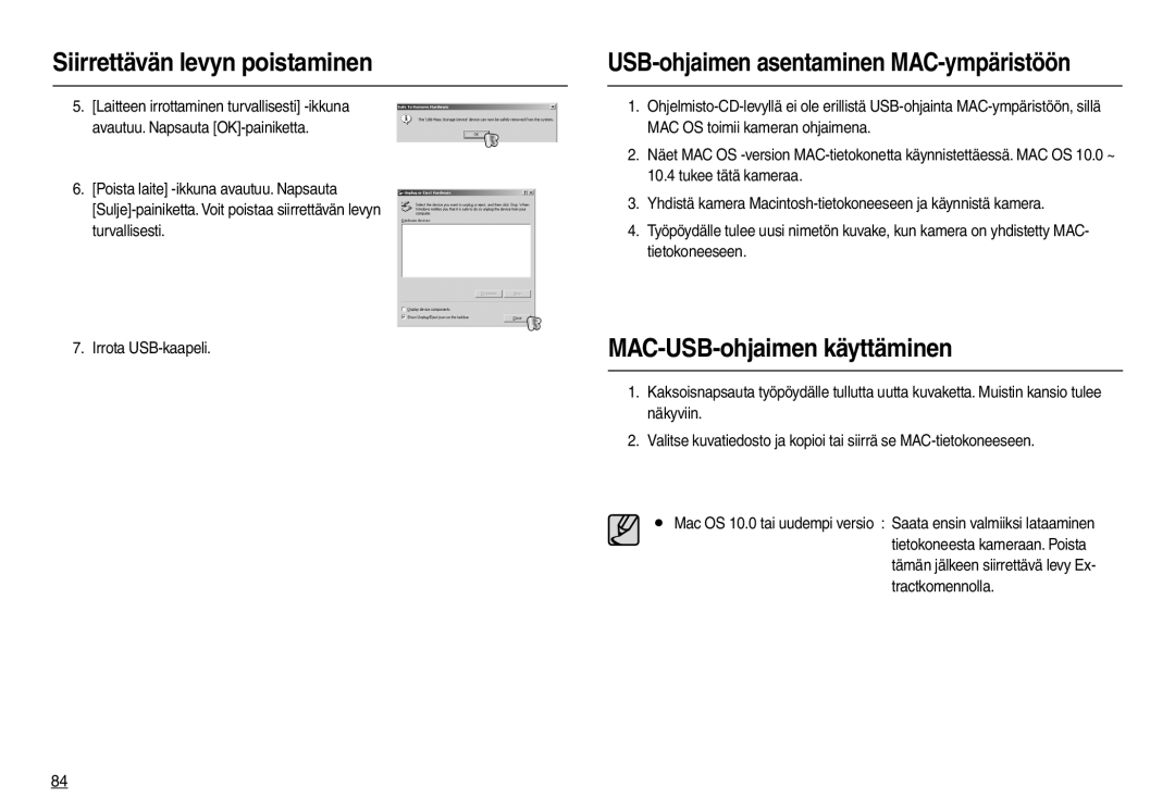 Samsung EC-L100ZPDA/E3, EC-L100ZUDA/E3 manual USB-ohjaimen asentaminen MAC-ympäristöön, MAC-USB-ohjaimen käyttäminen 