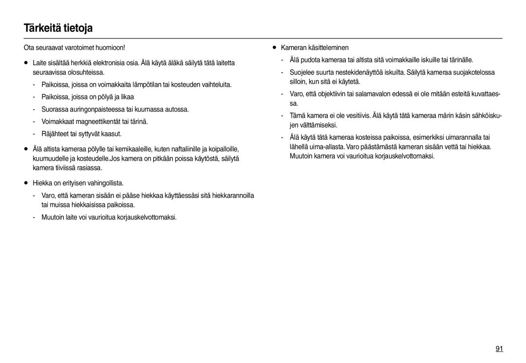 Samsung EC-L100ZBDA/E3, EC-L100ZUDA/E3, EC-L100ZUBA/E2, EC-L100ZSBA/E2, EC-L100ZSDA/E3, EC-L100ZRDA/E3 manual Tärkeitä tietoja 