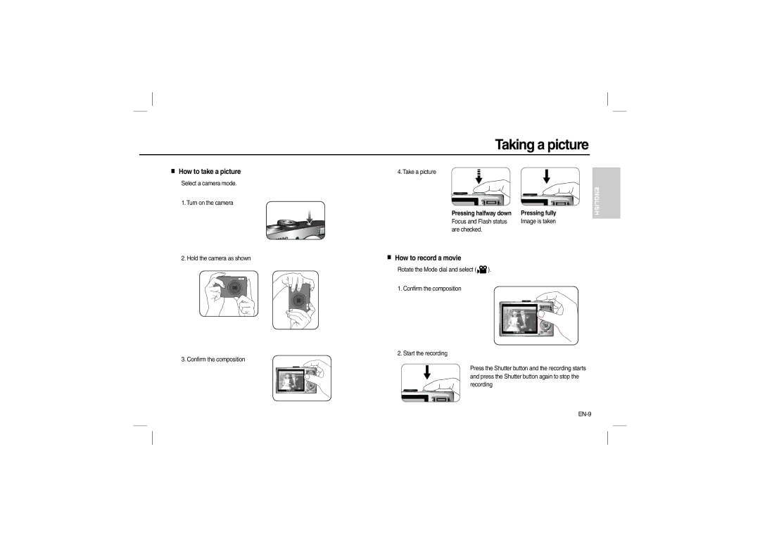 Samsung EC-L100ZRDA/E3, EC-L100ZUDA/E3, EC-L100ZSFA/FR Taking a picture, How to take a picture, How to record a movie, EN-9 