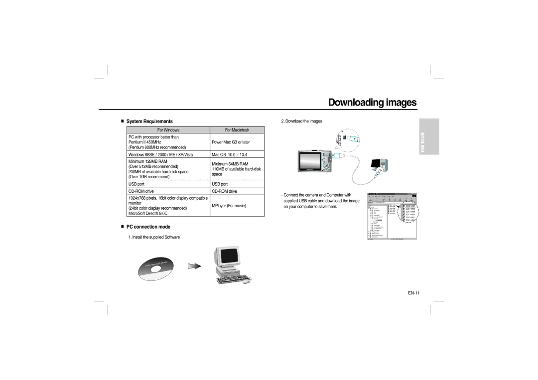 Samsung EC-L100ZUFA/FR, EC-L100ZUDA/E3, EC-L100ZSFA/FR Downloading images, System Requirements, PC connection mode, EN-11 