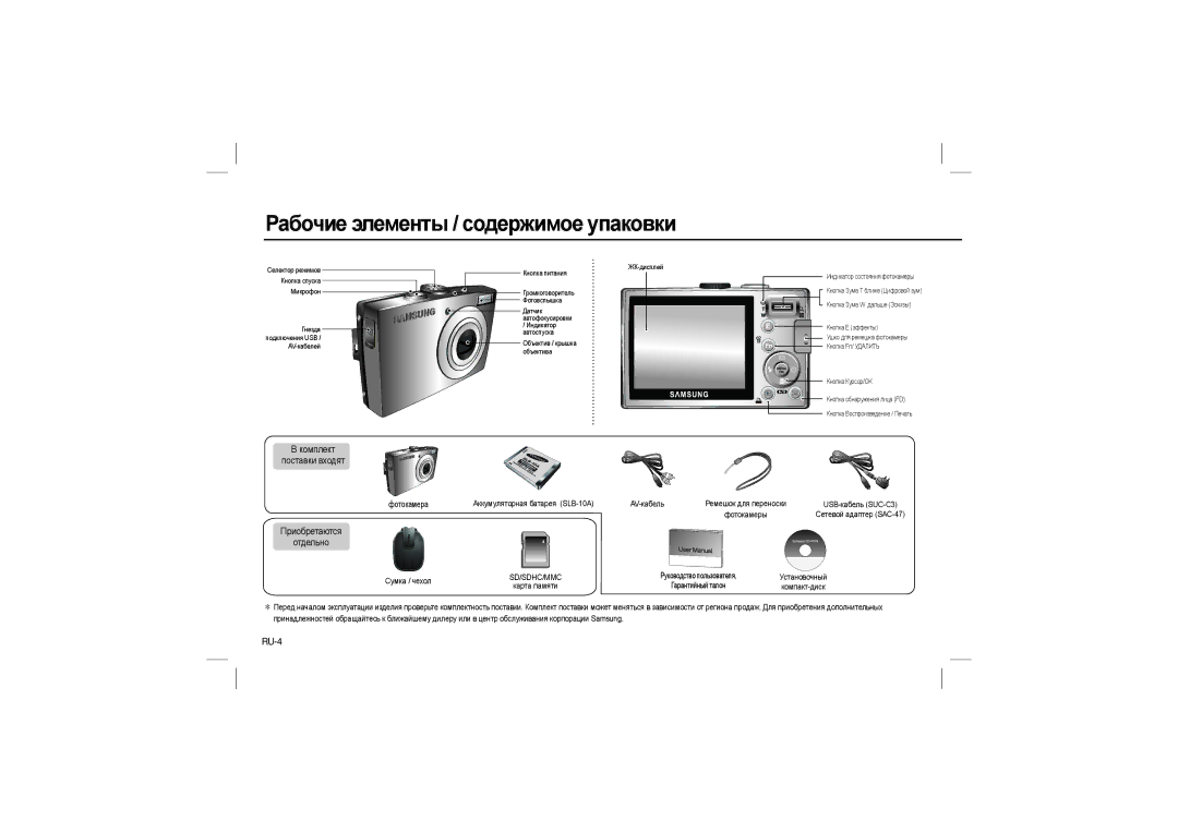 Samsung EC-L100ZPBB/E1, EC-L100ZUDA/E3, EC-L100ZSFA/FR, EC-L100ZBDA/E3 manual Рабочие элементы / cодержимое упаковки, RU-4 