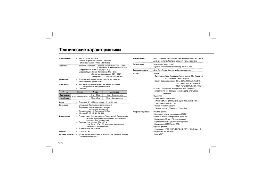 Samsung EC-L100ZUBA/E1, EC-L100ZUDA/E3, EC-L100ZSFA/FR, EC-L100ZBDA/E3, EC-L100ZUBA/E2 manual Технические характеристики, RU-12 