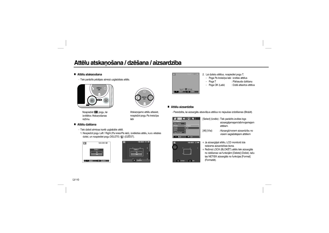 Samsung EC-L100ZRFA/IT, EC-L100ZUDA/E3, EC-L100ZSFA/FR manual Attēlu atskaņošana, Attēlu aizsardzība, Attēlu dzēšana, LV-10 