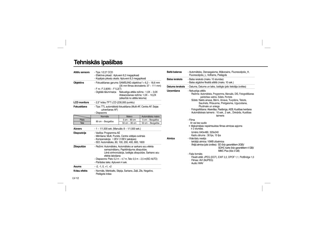 Samsung EC-L100ZBBA/IT, EC-L100ZUDA/E3, EC-L100ZSFA/FR, EC-L100ZBDA/E3, EC-L100ZUBA/E2, EC-L100ZUAA Tehniskās īpašības, LV-12 