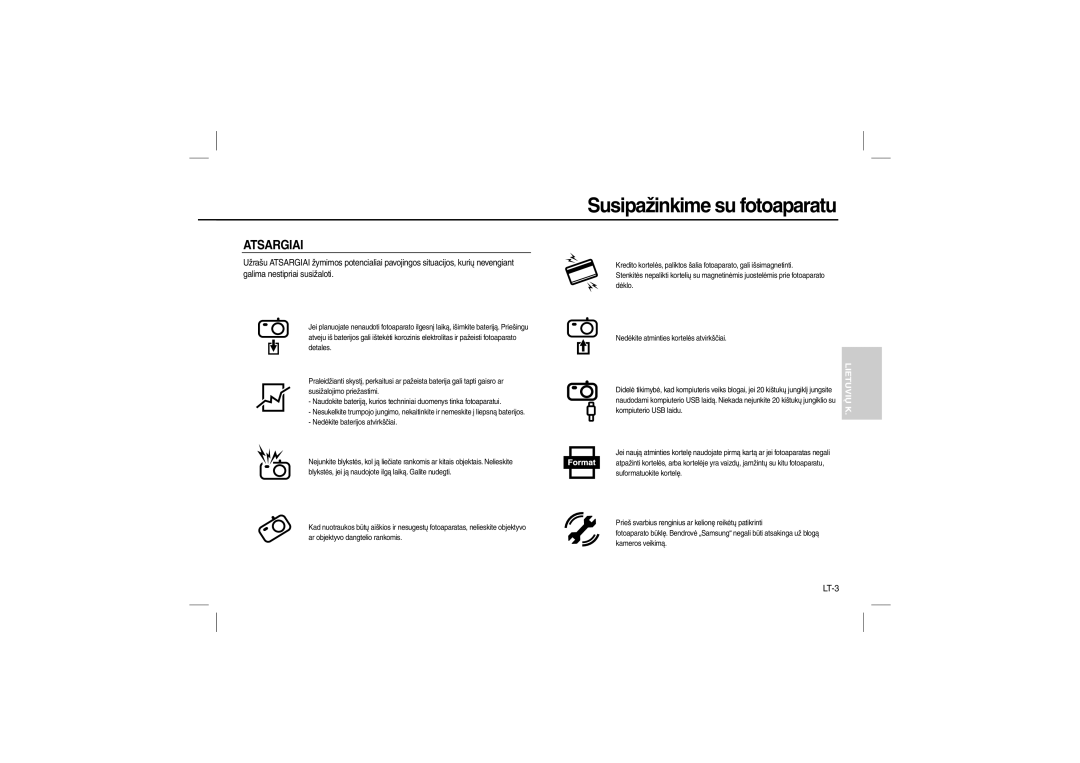 Samsung EC-L100ZSBA/GB, EC-L100ZUDA/E3, EC-L100ZSFA/FR, EC-L100ZBDA/E3, EC-L100ZUBA/E2, EC-L100ZBBA/FR manual Atsargiai, LT-3 