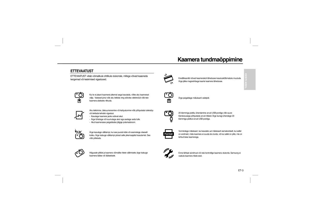 Samsung EC-L100ZRDB/AS, EC-L100ZUDA/E3, EC-L100ZSFA/FR, EC-L100ZBDA/E3, EC-L100ZUBA/E2, EC-L100ZBBA/FR manual Ettevaatust, ET-3 