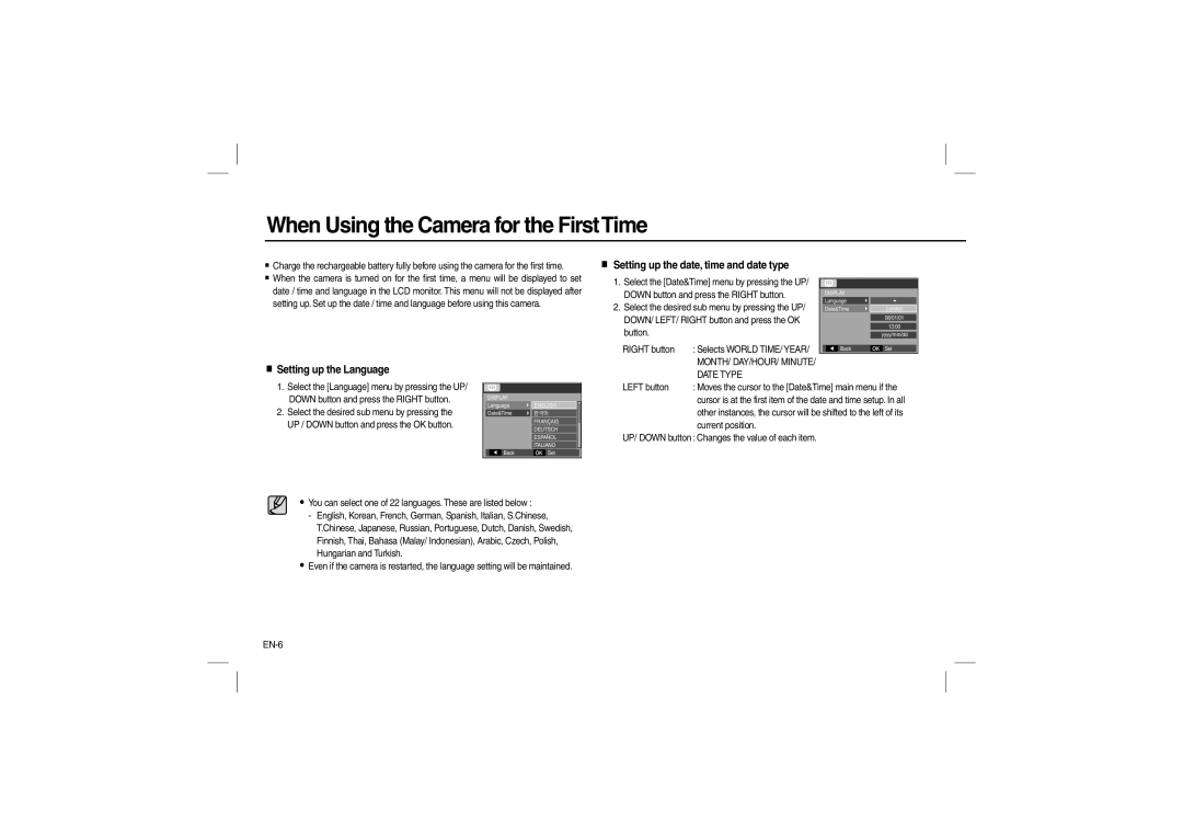 Samsung EC-L100ZSBA/E2 manual When Using the Camera for the First Time, Setting up the date, time and date type, EN-6 