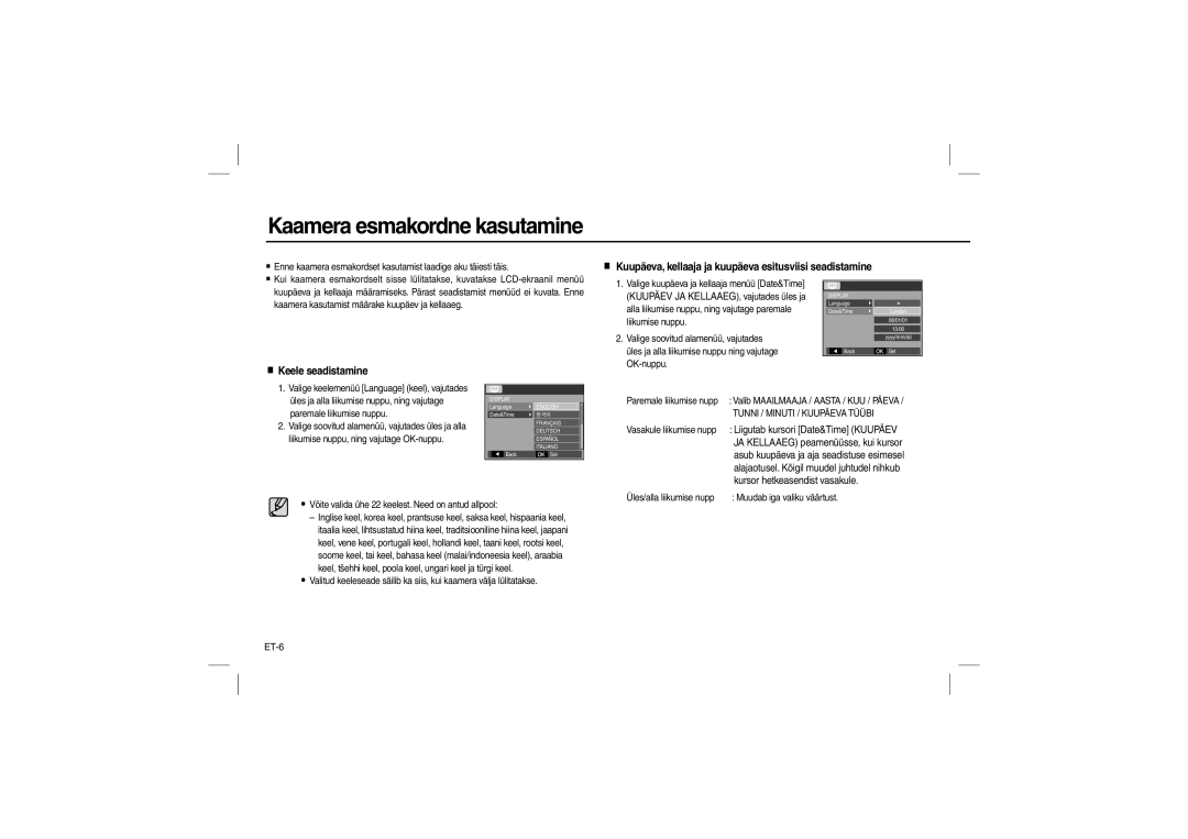 Samsung EC-L100ZSFA/AS manual Kaamera esmakordne kasutamine, Kuupäeva, kellaaja ja kuupäeva esitusviisi seadistamine, ET-6 