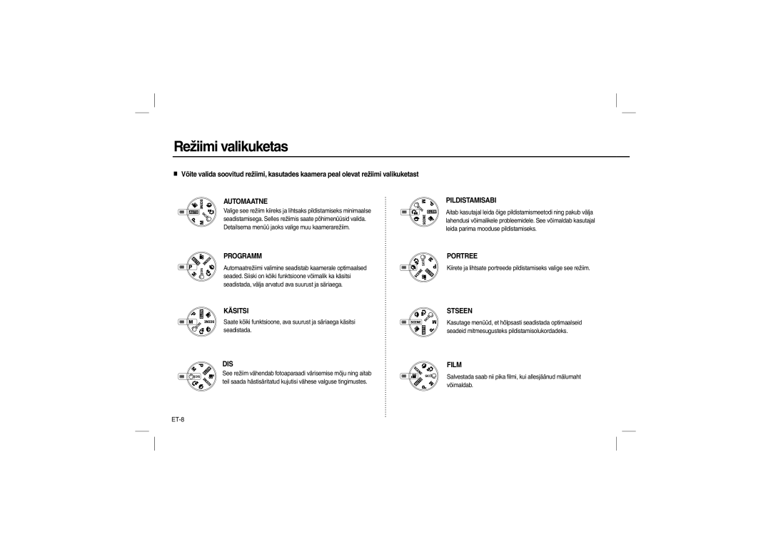 Samsung EC-L100ZUBA/AU, EC-L100ZUDA/E3, EC-L100ZSFA/FR, EC-L100ZBDA/E3, EC-L100ZUBA/E2, EC-L100ZUAA Režiimi valikuketas, ET-8 