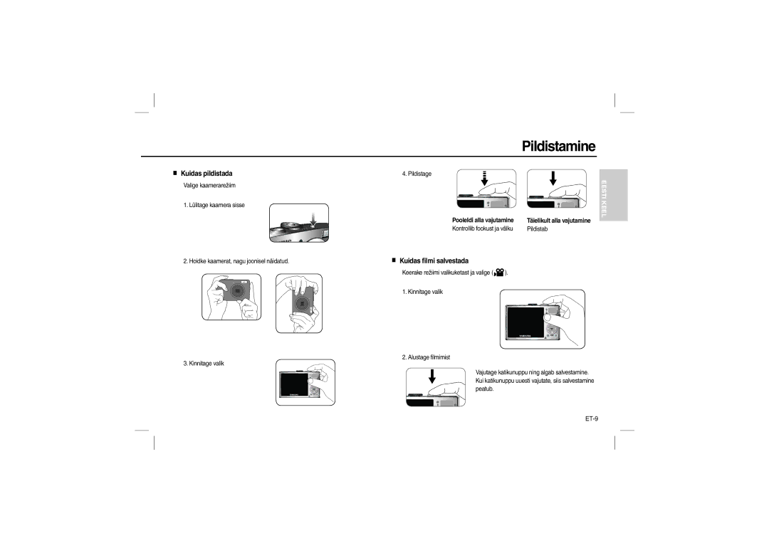 Samsung EC-L100ZUBA/MX, EC-L100ZUDA/E3, EC-L100ZSFA/FR manual Pildistamine, Kuidas pildistada, Kuidas filmi salvestada, ET-9 