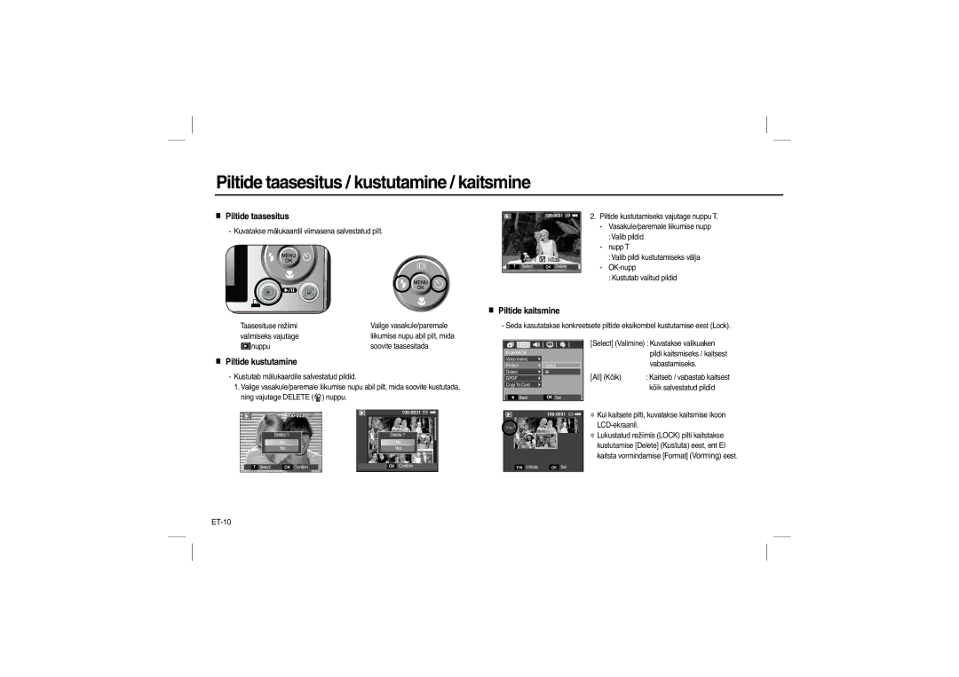 Samsung EC-L100ZUBB/AS, EC-L100ZUDA/E3, EC-L100ZSFA/FR Piltide taasesitus, Piltide kaitsmine, Piltide kustutamine, ET-10 