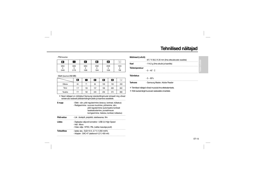 Samsung EC-L100ZPBA/MX, EC-L100ZUDA/E3, EC-L100ZSFA/FR, EC-L100ZBDA/E3, EC-L100ZUBA/E2, EC-L100ZBBA/FR, EC-L100ZBFA/FR ET-13 