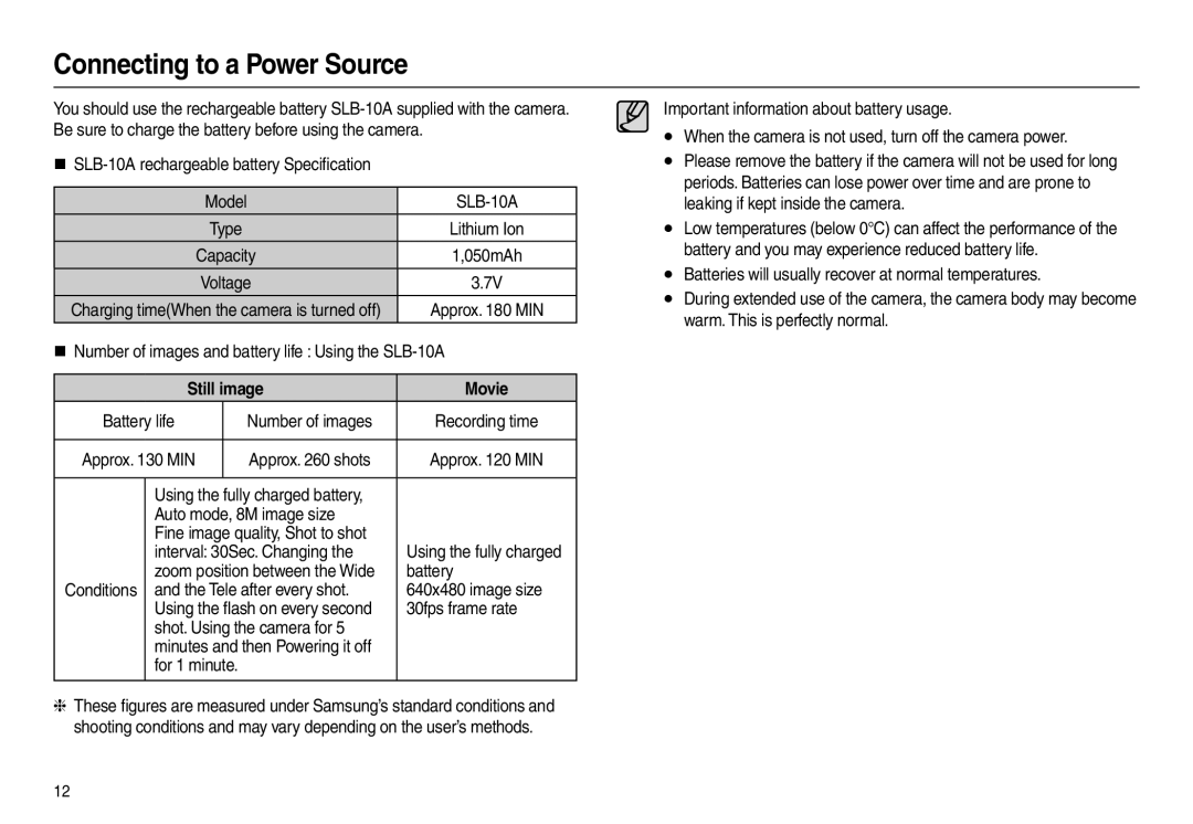 Samsung EC-L100ZRFA/FR Connecting to a Power Source, „ Number of images and battery life Using the SLB-10A, Approx shots 