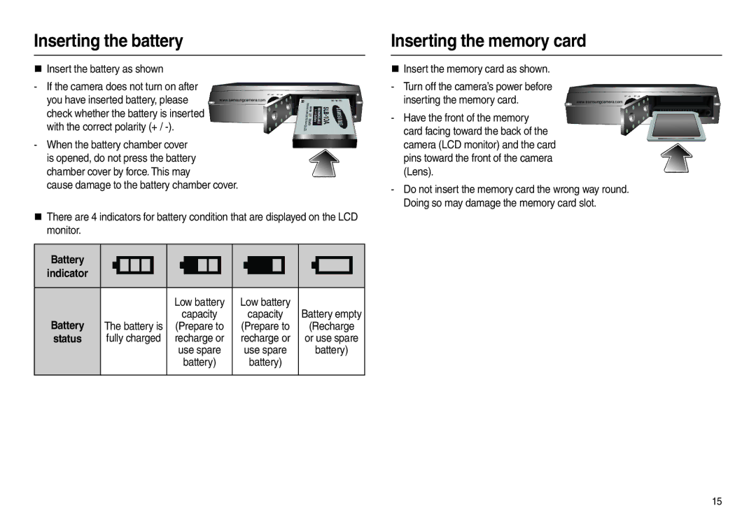 Samsung EC-L100ZRBA/FR, EC-L100ZUDA/E3, EC-L100ZSFA/FR manual Inserting the battery, Inserting the memory card, Battery 