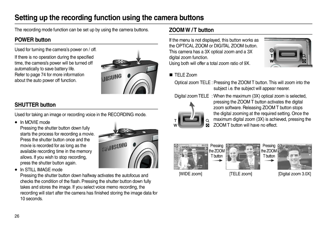 Samsung EC-L100ZRFB/IT manual Setting up the recording function using the camera buttons, Power button, Shutter button 