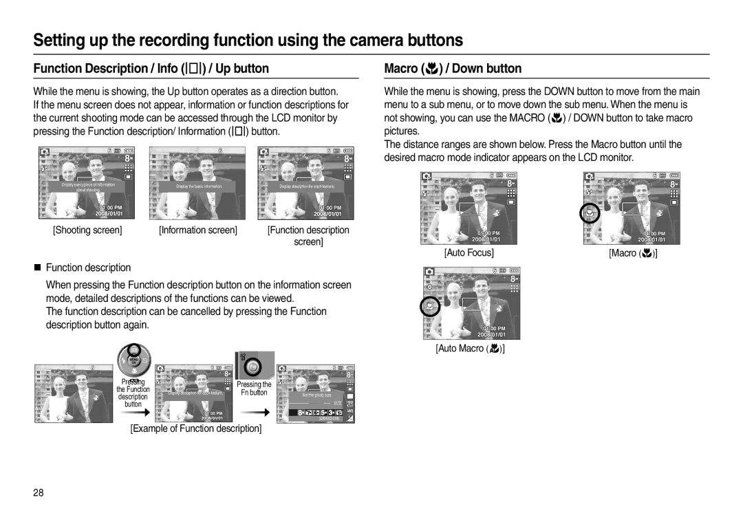 Samsung EC-L100ZUBA/E1 manual Function Description / Info  / Up button, Macro  / Down button, „ Function description 