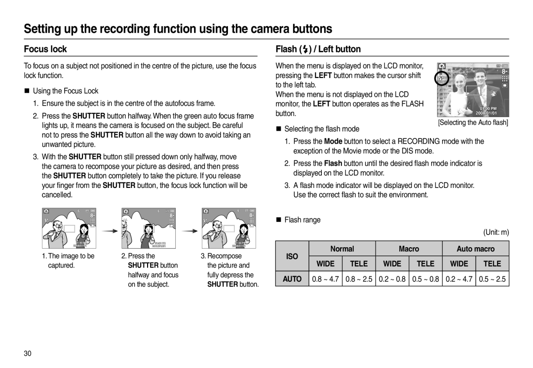 Samsung EC-L100ZRBA/E1, EC-L100ZUDA/E3, EC-L100ZSFA/FR manual Focus lock, Flash  / Left button, Normal Macro Auto macro 