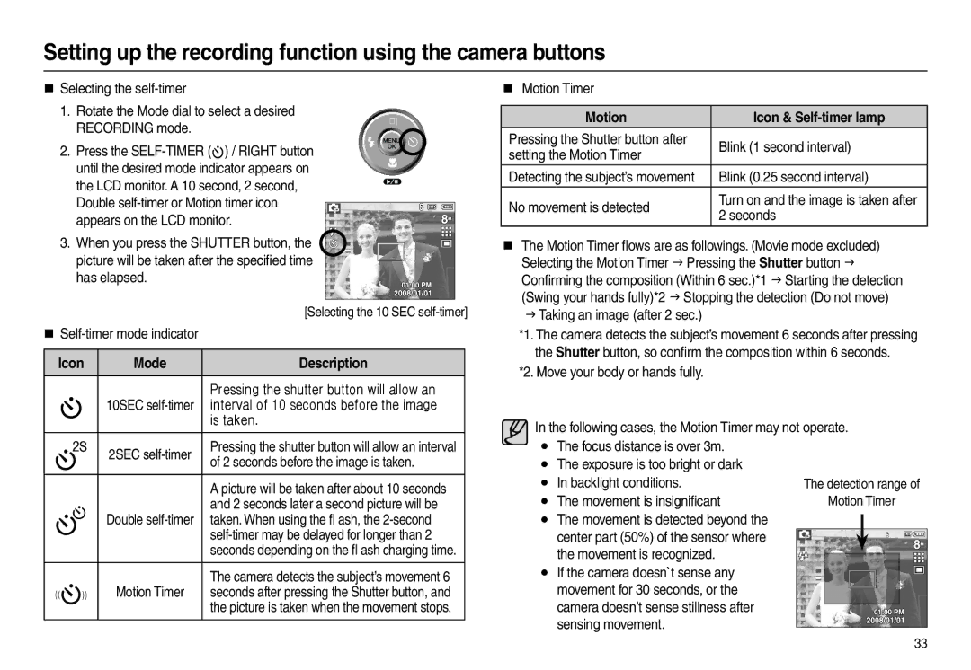 Samsung EC-L100ZUFB/IT, EC-L100ZUDA/E3, EC-L100ZSFA/FR, EC-L100ZBDA/E3, EC-L100ZUAA Icon Mode, Motion Icon & Self-timer lamp 