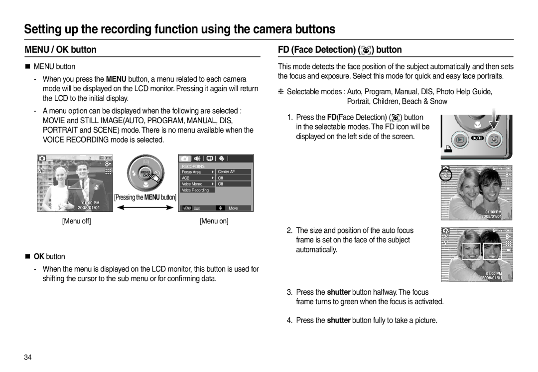 Samsung EC-L100ZUBB/E1, EC-L100ZUDA/E3, EC-L100ZSFA/FR manual Menu / OK button, FD Face Detection  button, „ OK button 