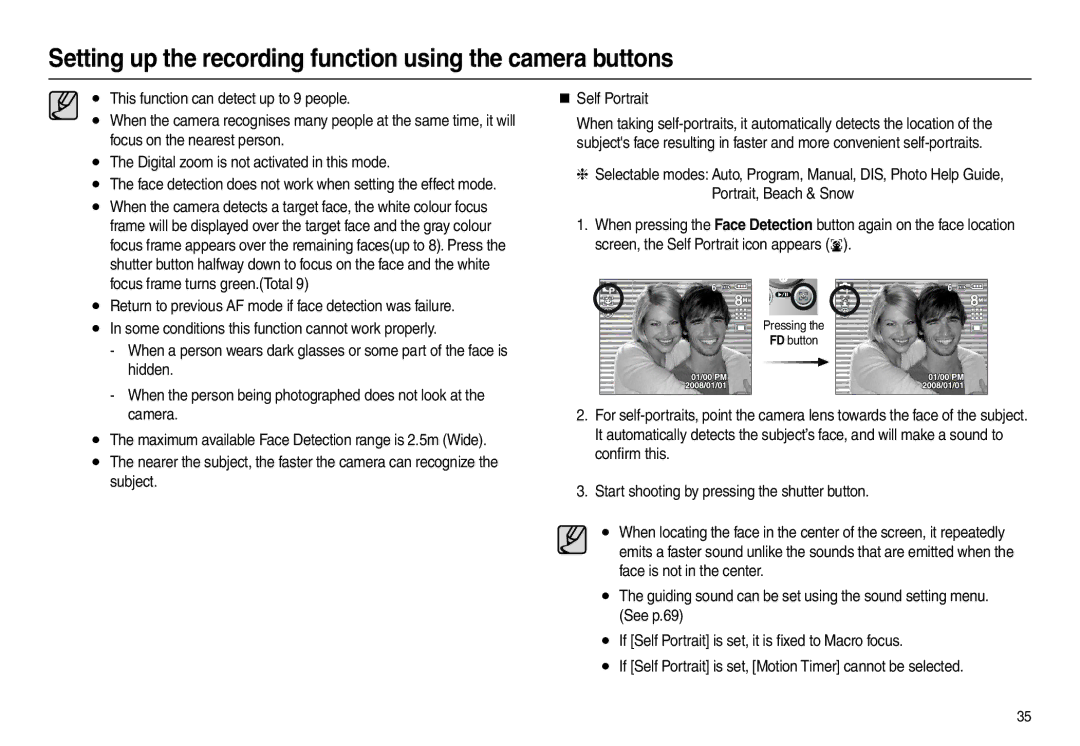 Samsung EC-L100ZSBB/E1 Focus on the nearest person, Digital zoom is not activated in this mode, Portrait, Beach & Snow 