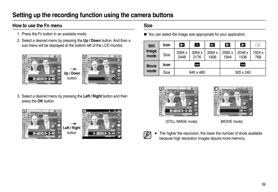 Samsung EC-L100ZRBB/E1, EC-L100ZUDA/E3, EC-L100ZSFA/FR, EC-L100ZBDA/E3 manual How to use the Fn menu, Size, Still Icon Image 