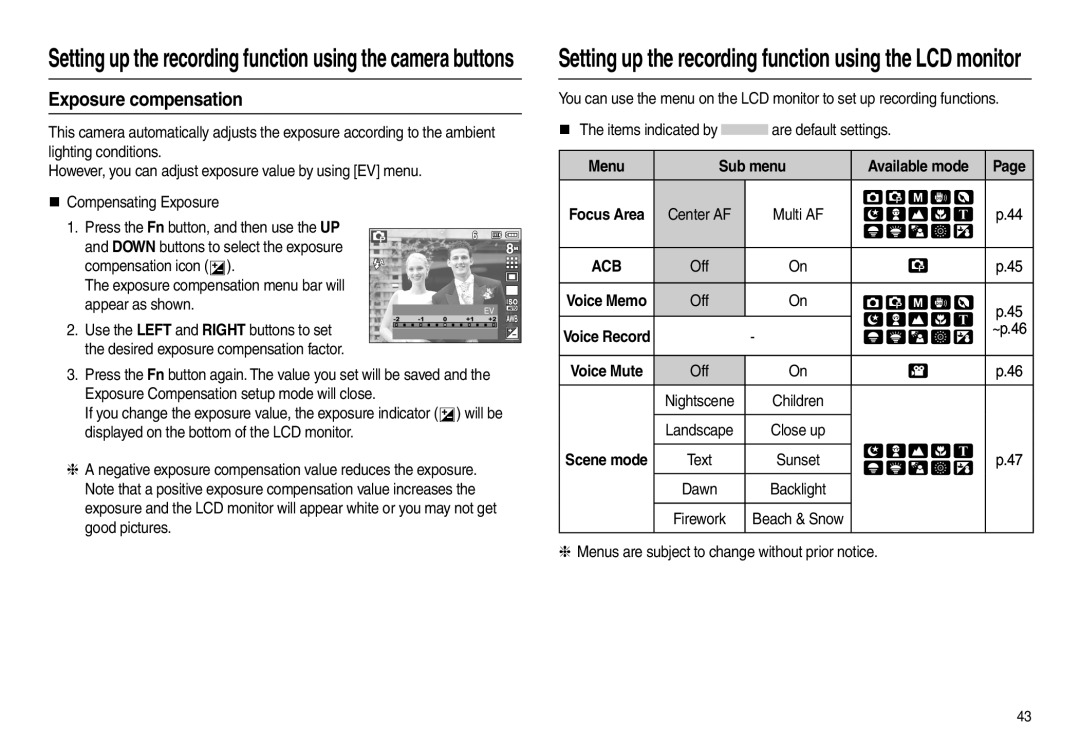 Samsung EC-L100ZRBA/IT manual Exposure compensation, Setting up the recording function using the LCD monitor, Voice Mute 