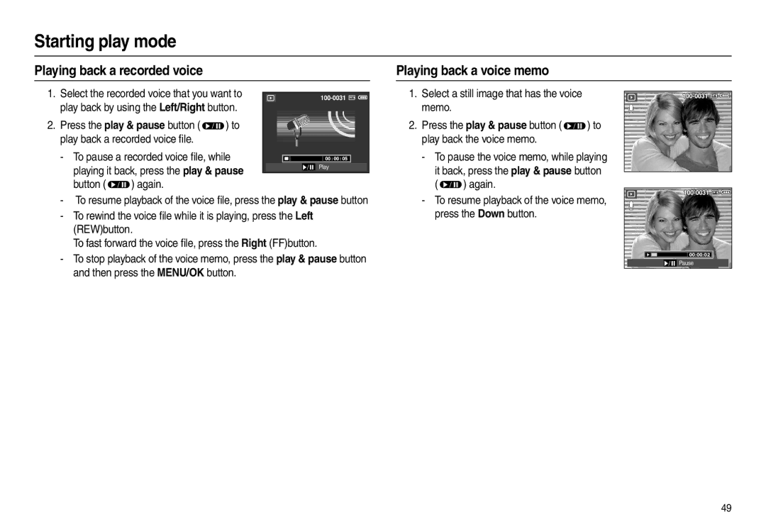 Samsung EC-L100ZRFA/E1, EC-L100ZUDA/E3, EC-L100ZSFA/FR, EC-L100ZUAA Playing back a recorded voice Playing back a voice memo 