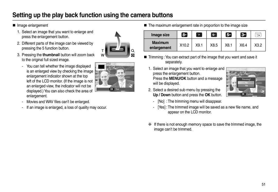 Samsung EC-L100ZSBA/GB manual Setting up the play back function using the camera buttons, Image size Maximum, Enlargement 