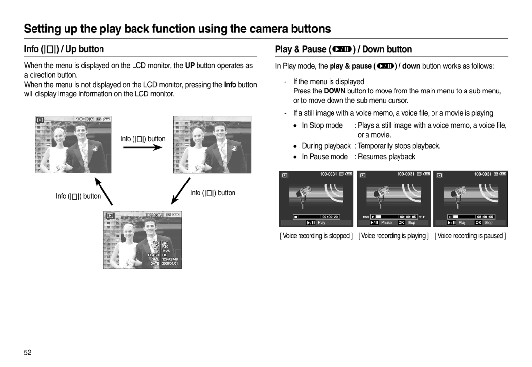 Samsung EC-L100ZSFC/E1, EC-L100ZUDA/E3, EC-L100ZSFA/FR, EC-L100ZBDA/E3 manual Info  / Up button, Play & Pause  / Down button 