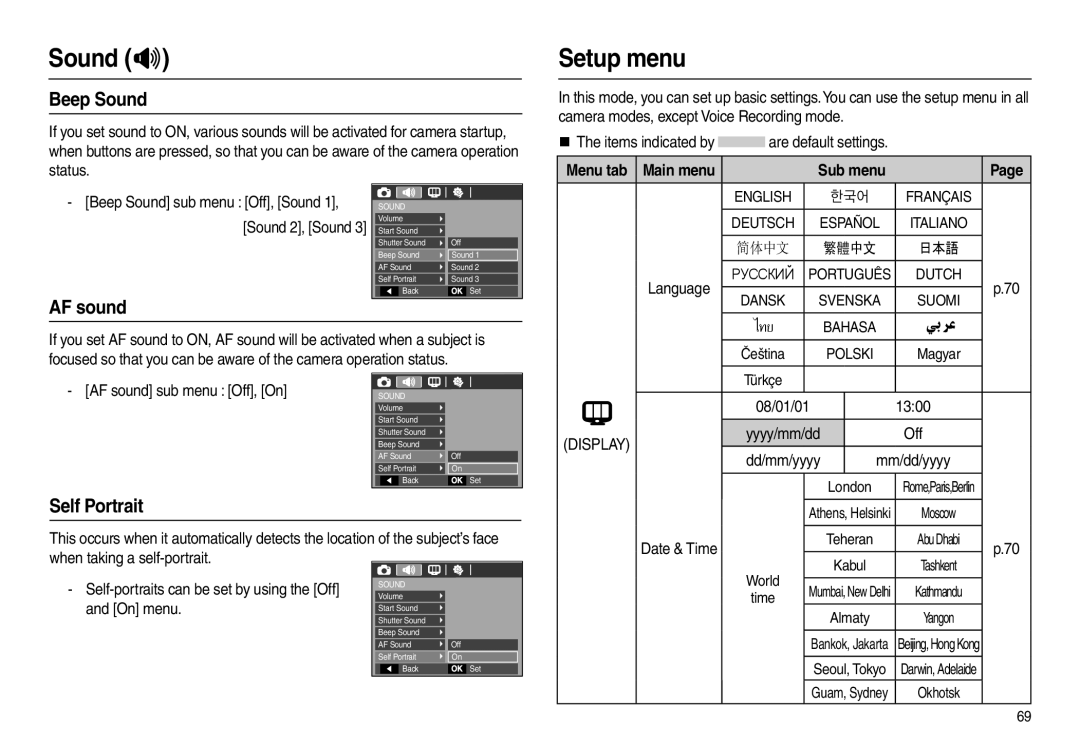 Samsung EC-L100ZSBB/MX, EC-L100ZUDA/E3, EC-L100ZSFA/FR, EC-L100ZBDA/E3 manual Setup menu, Beep Sound, AF sound, Self Portrait 