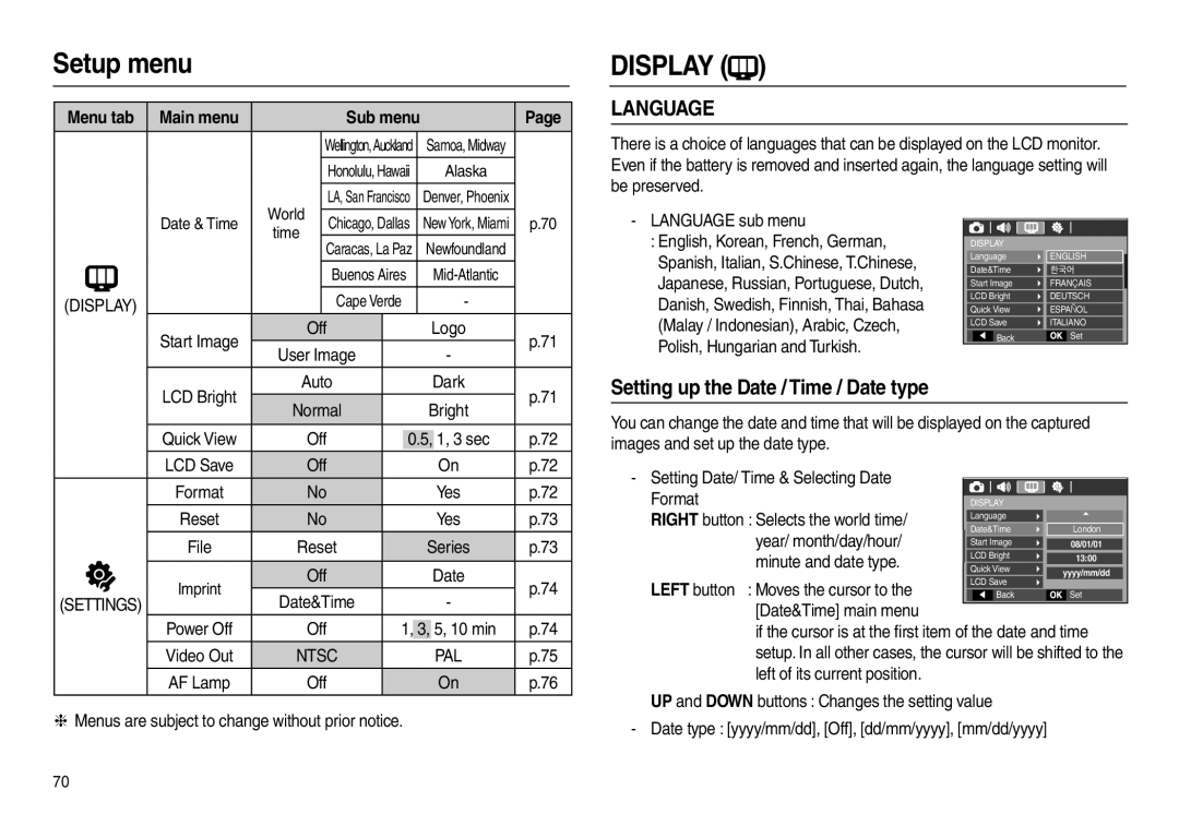 Samsung EC-L100ZSFA/AS, EC-L100ZUDA/E3 manual Setting up the Date / Time / Date type, Logo, Start Image, Language sub menu 