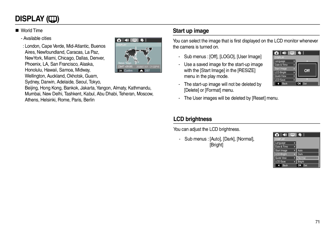 Samsung EC-L100ZUAA Start up image, LCD brightness, Aires, Newfoundland, Caracas, La Paz, Honolulu, Hawaii, Samoa, Midway 