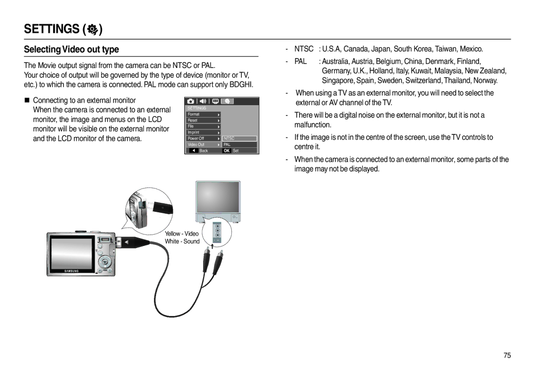 Samsung EC-L100ZSYA/CA, EC-L100ZUDA/E3 Selecting Video out type, Movie output signal from the camera can be Ntsc or PAL 