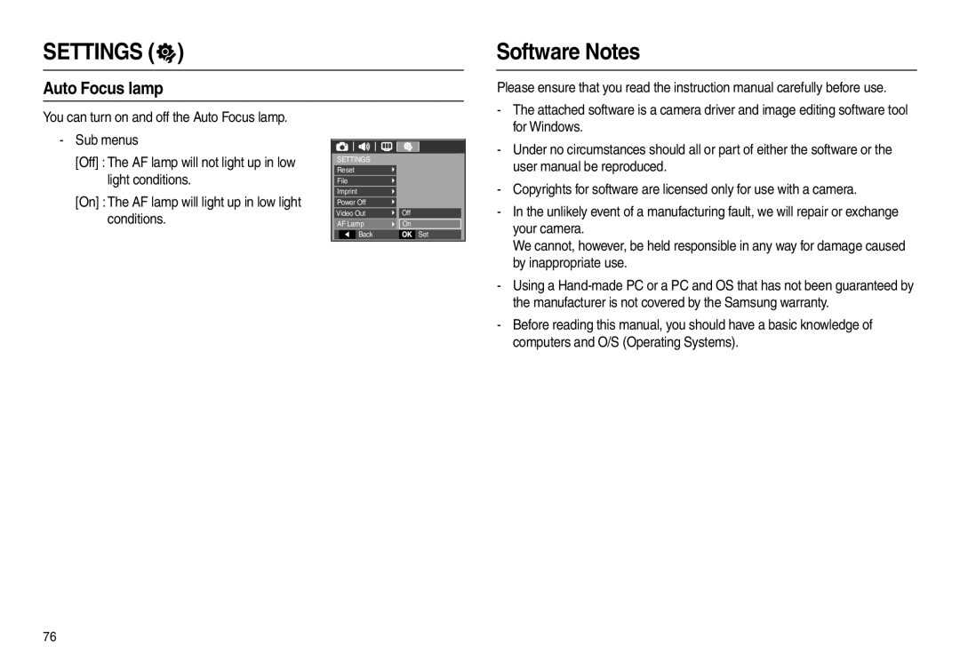 Samsung EC-L100ZPBA/AU, EC-L100ZUDA/E3, EC-L100ZSFA/FR, EC-L100ZBDA/E3, EC-L100ZUBA/E2 manual Software Notes, Auto Focus lamp 