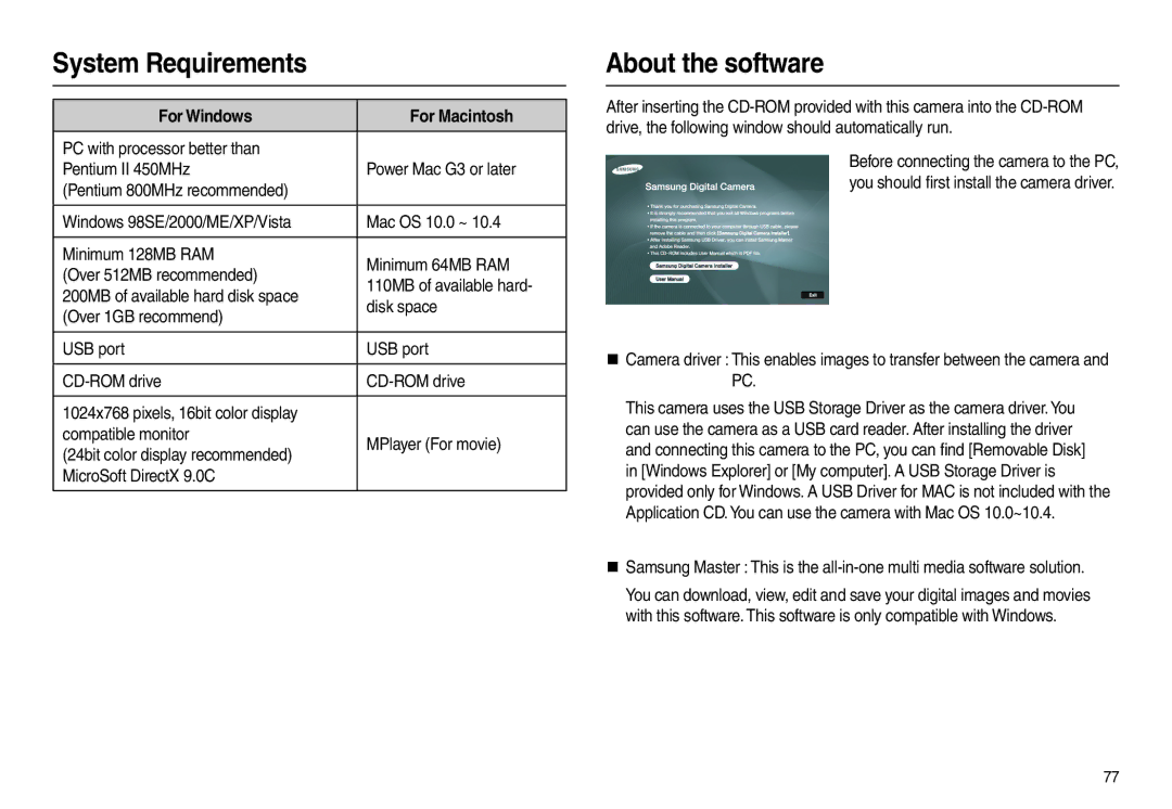 Samsung EC-L100ZPBA/MX, EC-L100ZUDA/E3, EC-L100ZSFA/FR System Requirements, About the software, For Windows For Macintosh 