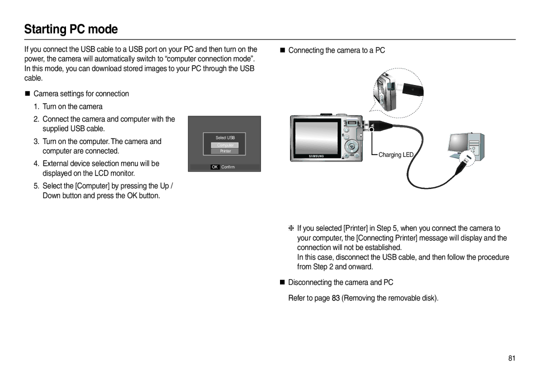 Samsung EC-L100ZPDB/AS, EC-L100ZUDA/E3 Starting PC mode, Computer are connected, External device selection menu will be 