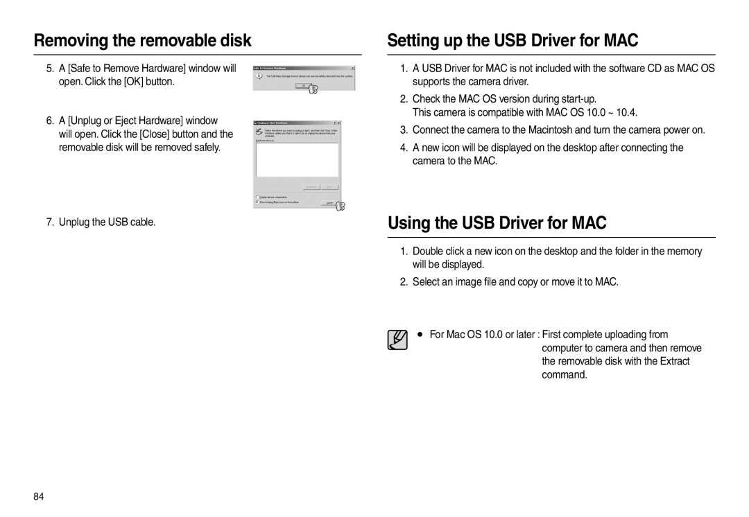 Samsung EC-L100ZRBB/MX, EC-L100ZUDA/E3, EC-L100ZSFA/FR manual Setting up the USB Driver for MAC, Using the USB Driver for MAC 